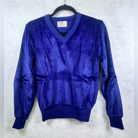 VTG 70S 80S KIDS VELOUR SWEAT SHIRT‎ L 16-18 TAG Montgomery Wards Royal Blue D14 - Picture 1 of 6